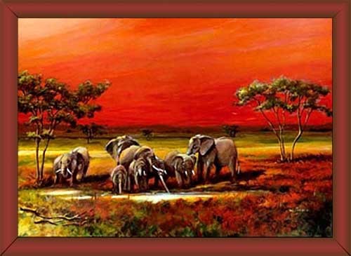 Wandbild 50x60 cm: Elefanten im Sonnenuntergang auf Rot schimmernder Wiese