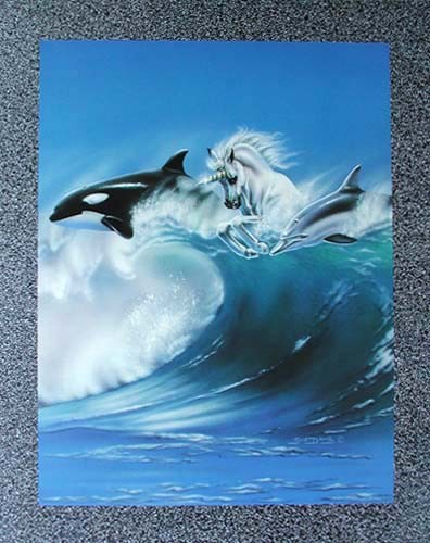 Fantasie: Orca, Einhorn und Delfin auf Welle Poster 40x50 cm